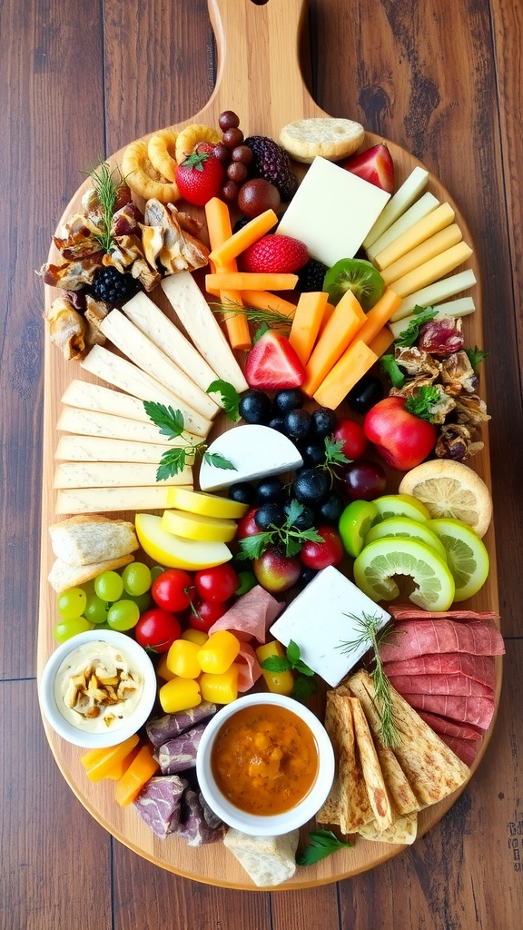 An elegant appetizer platter with cheese, charcuterie, fruits, and dips styled on a wooden board.